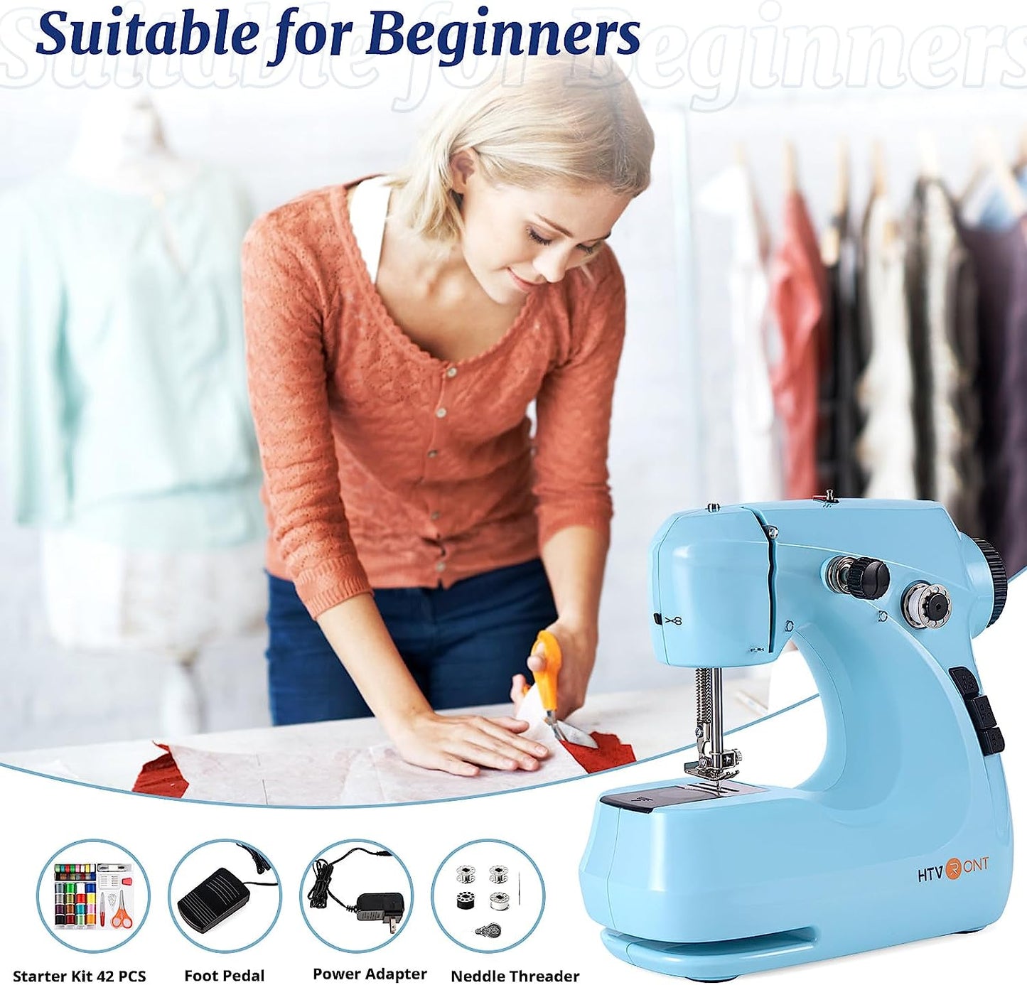 HTVRONT Mini Electric Sewing Machine for Beginners with 42 Pcs Set Portable Hou image 9