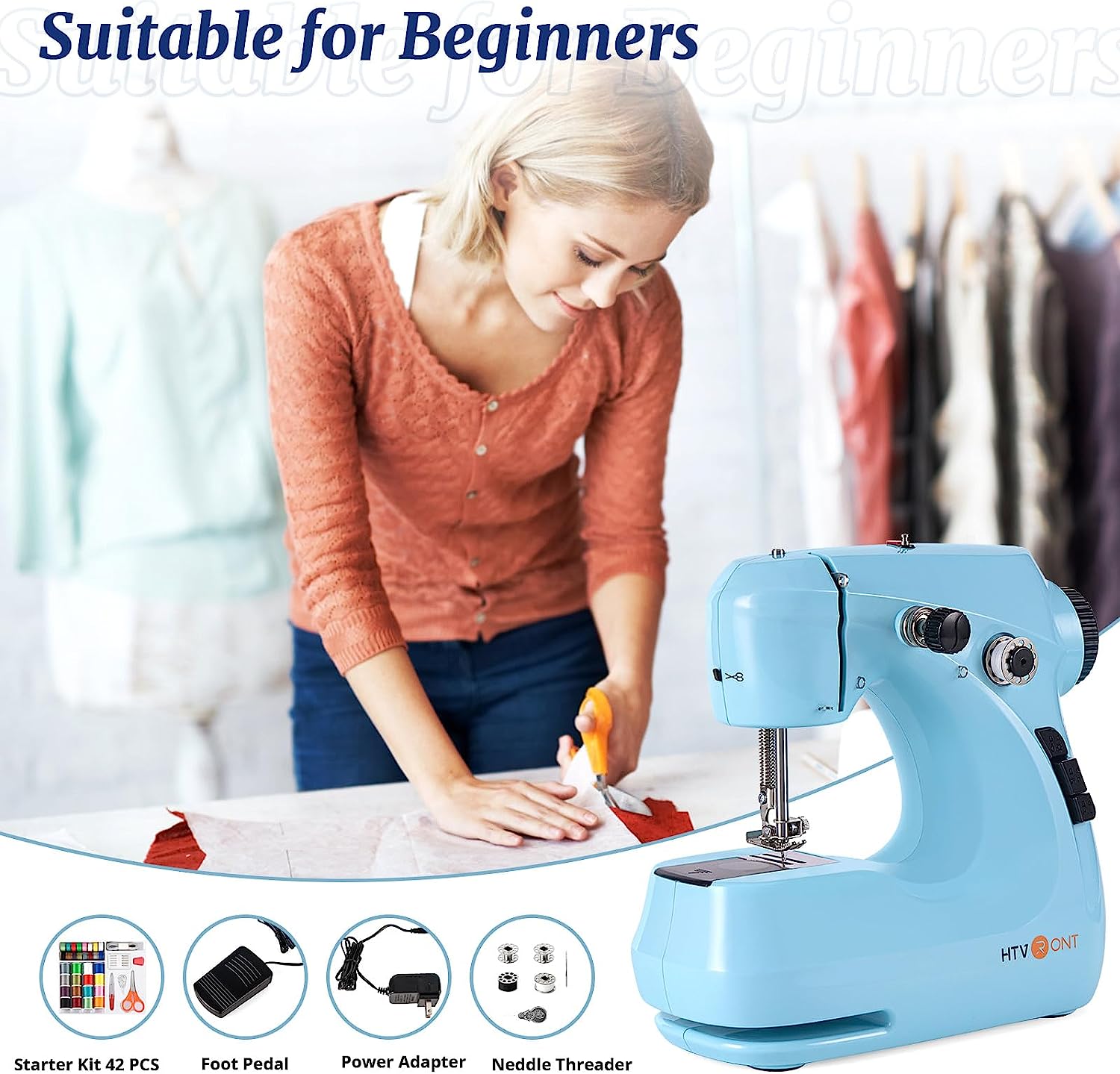 HTVRONT Mini Electric Sewing Machine for Beginners with 42 Pcs Set Portable Hou image 9