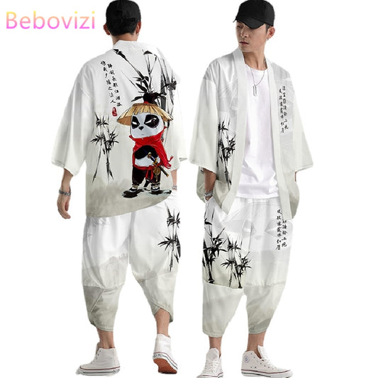 2021 Panda Print Chinese Style Robe Fashion Japanese Kimono Beach Harajuku Men image 0