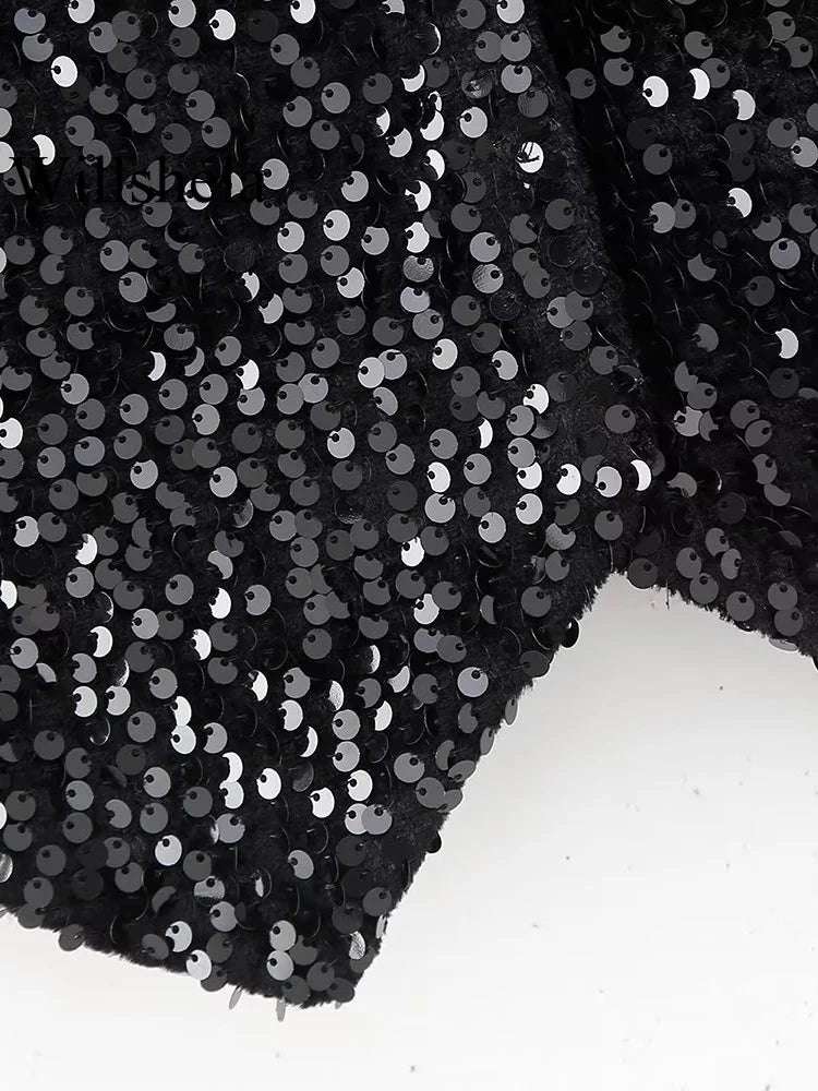 Willshela Women Fashion With Sequined Black Sleeveless Jackets Waist Vintage V- image 3