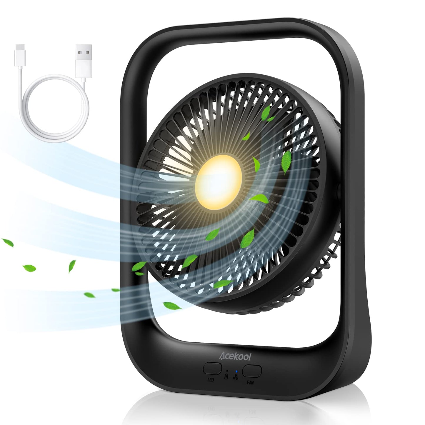 USB Rechargeable Fan with LED Night Light, 3 Speeds Portable Desk Fan,3600mah 1 image 0