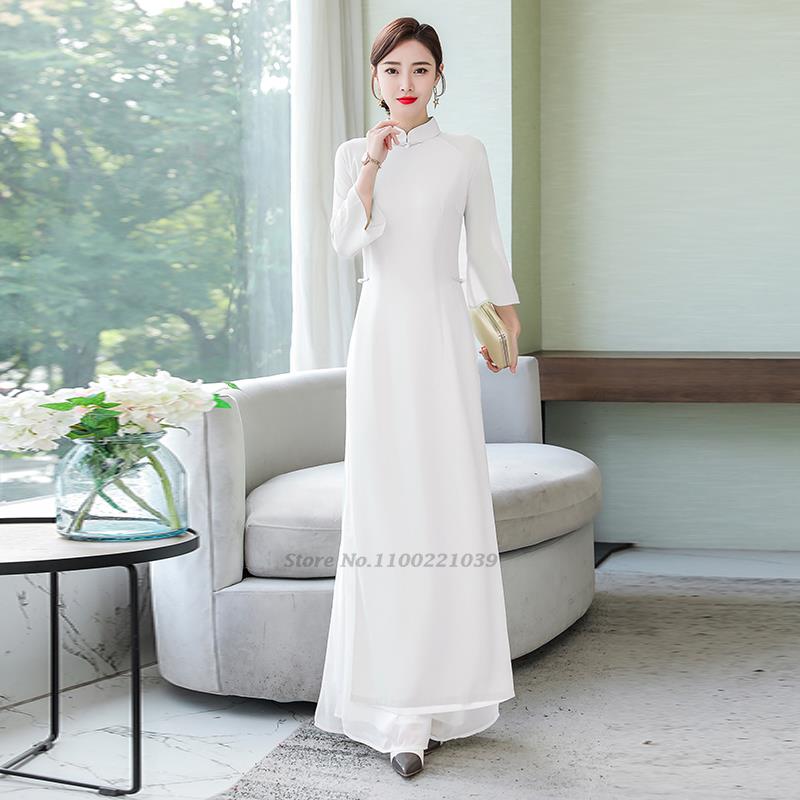 2024 vietnam aodai chinese traditional cheongsam dress+pants set national ao da image 4