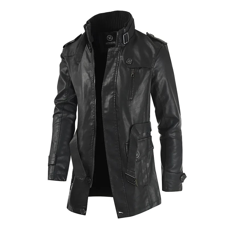 Men Winter Long Thick Fleece PU Leather Jacket Mens Streetwear Casual Business  image 0