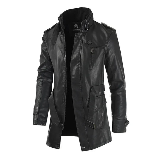 Men Winter Long Thick Fleece PU Leather Jacket Mens Streetwear Casual Business  image 0