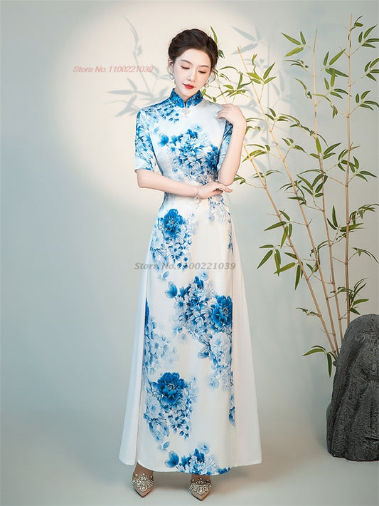 2024 aodai dress vietnam traditional dress improved qipao national flower print image 0