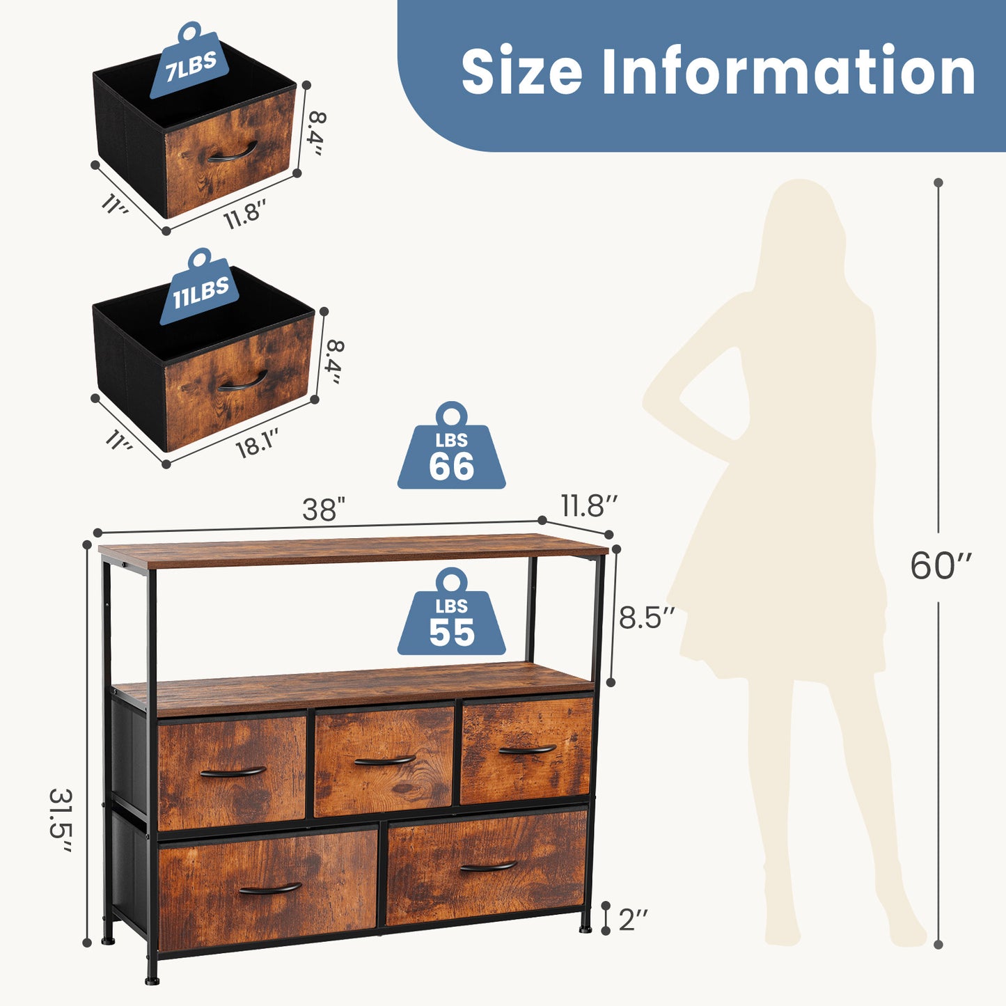 JHK TV Stand Dresser For Bedroom With 5 Fabric Drawers Storage Closet Chest Clo image 4