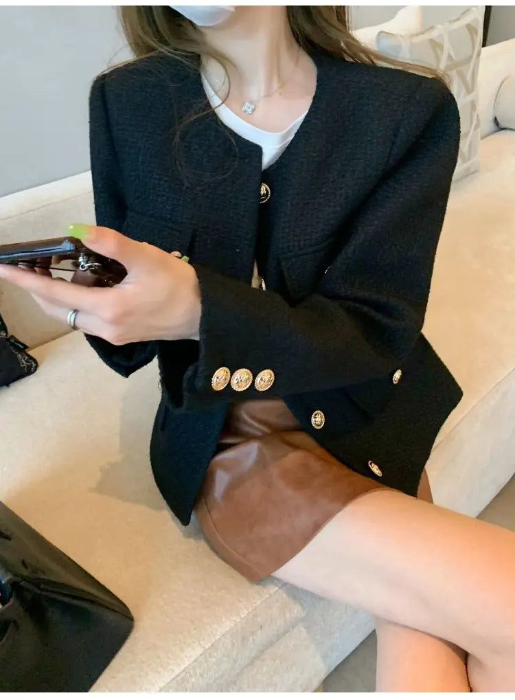French Wool Tweed Coat Fashion High-end Gold Button Short Slim Temperament Spri image 2