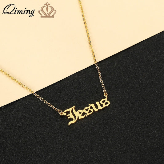 QIMING Christ Jesus Letter Necklace For Women Men Ankh Jewelry Gold Cross image 0