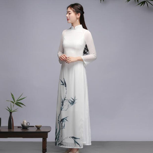 Traditional Vietnam Ao dai Women Spring Long Dress Cheongsam Vintage Bamboo Pri image 0