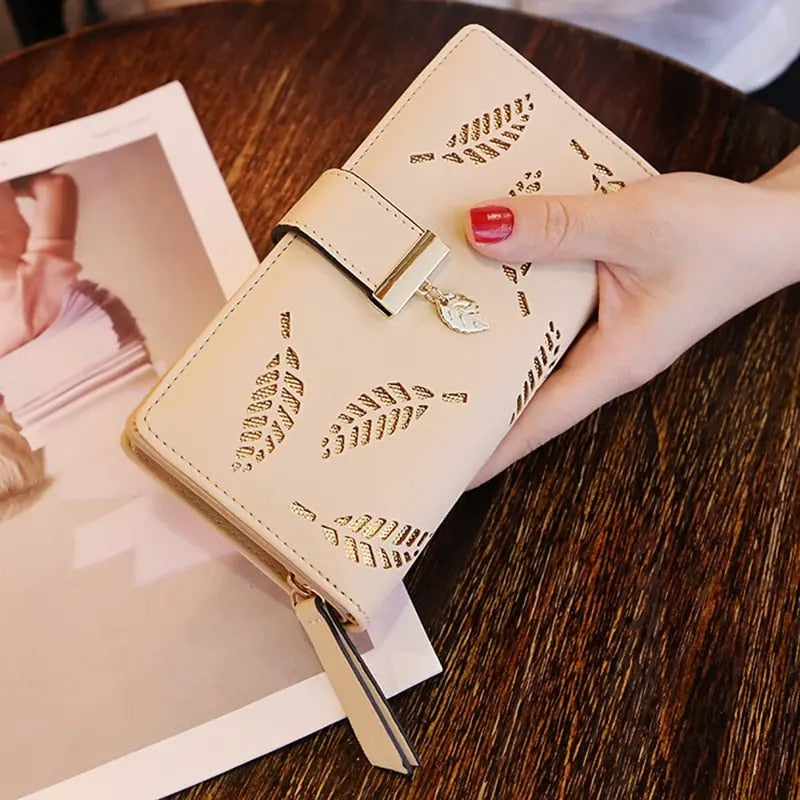 Fashion PU Leather Wallet Purse Women Long Wallet Gold Hollow Leaves Pouch Hand image 7