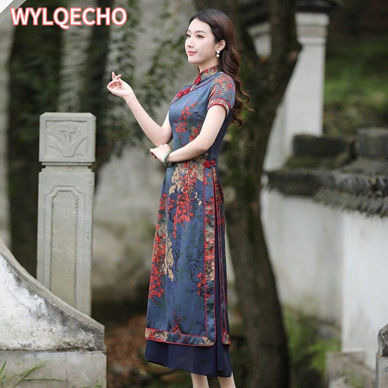 Vintage Vietnam Traditional Ao Dai Flower Print Chiffon Long Cheongsam Chinese  image 5