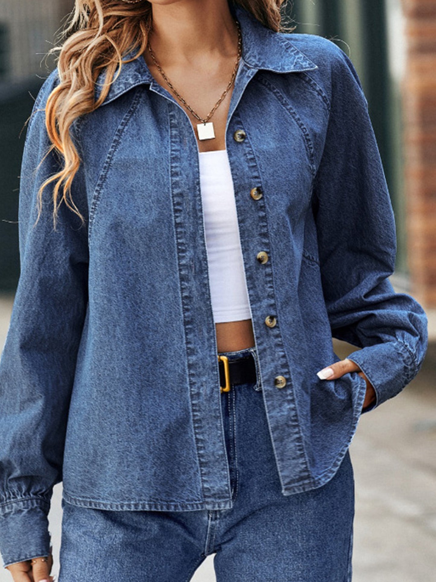 Women s Distressed Denim Jacket with Frayed Hem Classic Long Sleeve Turn-down C image 4