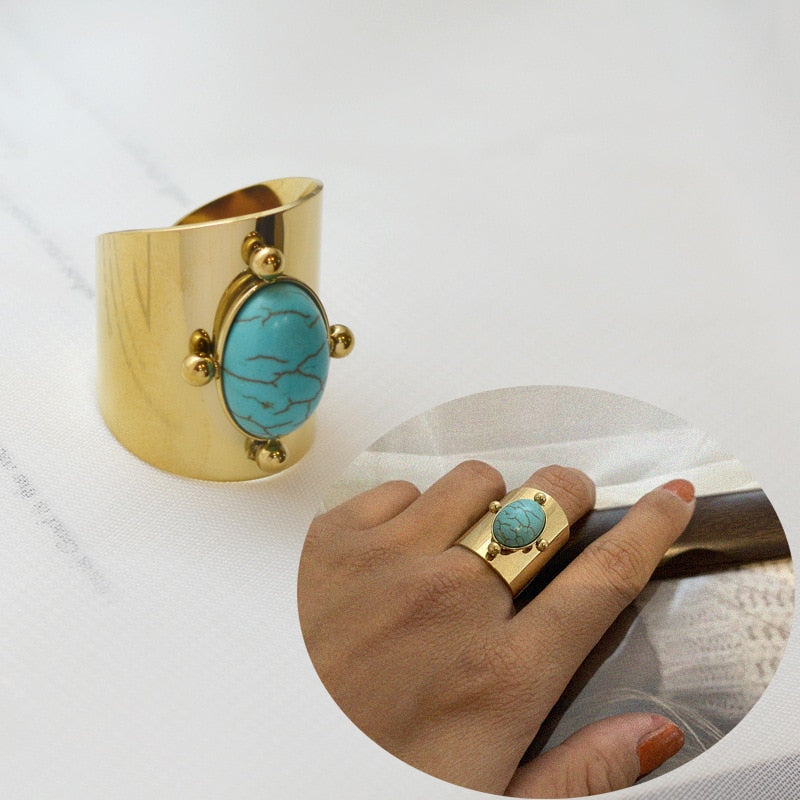 Creative Gold Plated Stainless Steel Rings for Women Simple Geometric Round Nat image 17