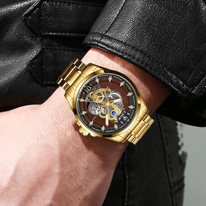 New Men Watch Skeleton Quartz Wristwatch Gold Skeleton Retro Man Watch Top Bran image 9