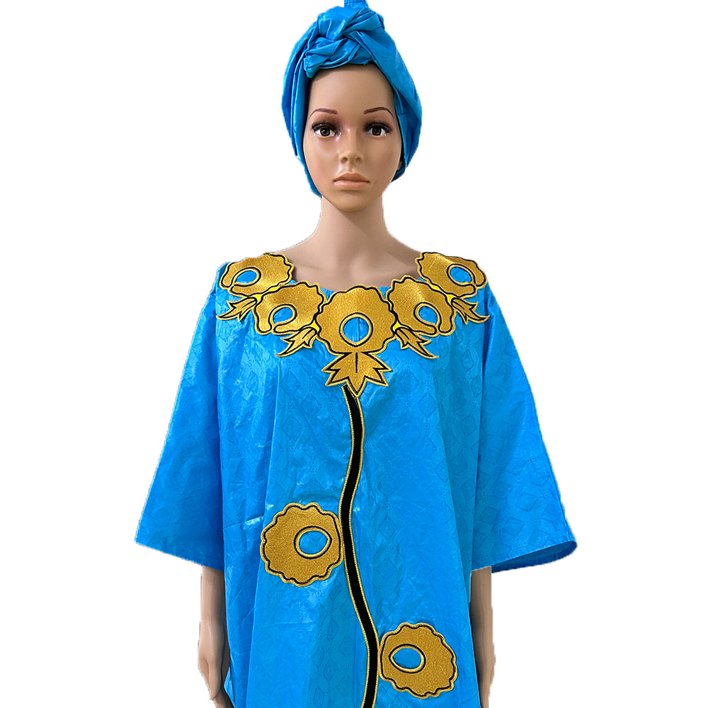 High Quality African Women Bazin Riche Dresses With Headscarf Embroid Stone Nig image 9