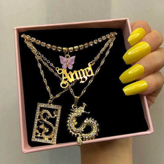 New Multi Layer Butterfly Dragon Charms Crystal Necklaces For Women Punk Golden image 0
