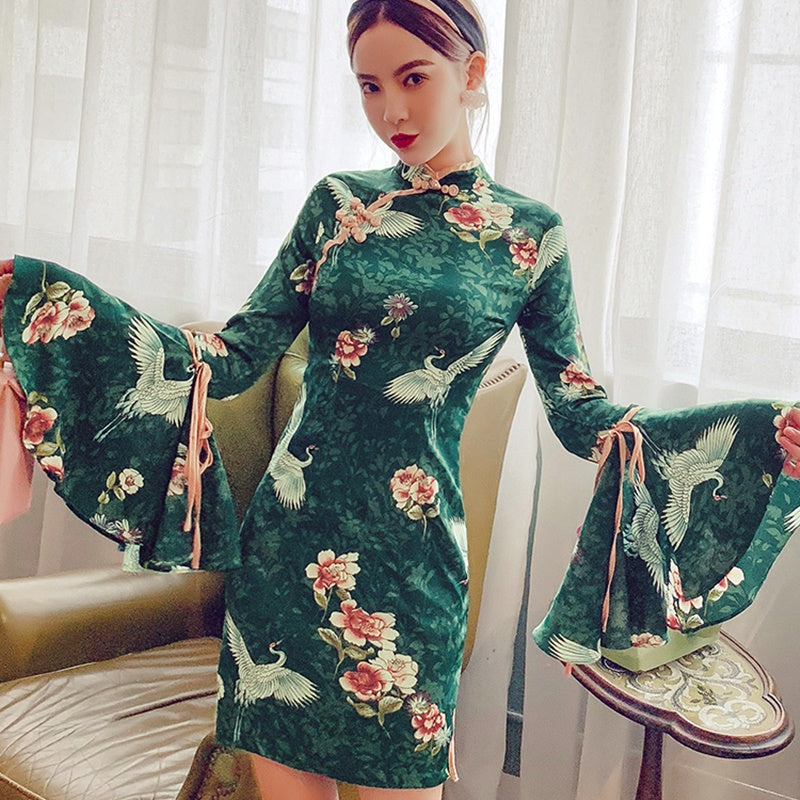 Vietnam Traditional Dress Midi Elegant Chinese Dresses Cheongsam Green Long Sle image 1