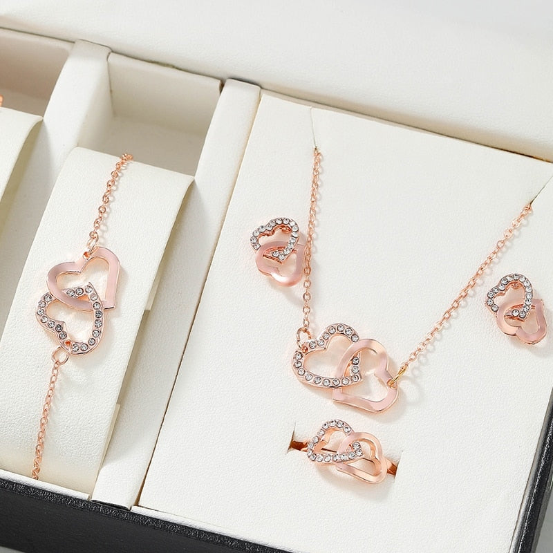 5PCS Set Gold-Color Heart Shaped Jewelry Sets Of Ring Earrings Necklace For Wom image 3