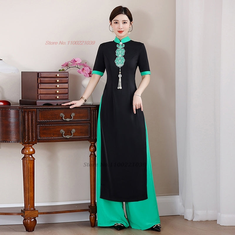 2024 traditional vietnam aodai dress+pants set flower embroidery dress ao dai v image 1