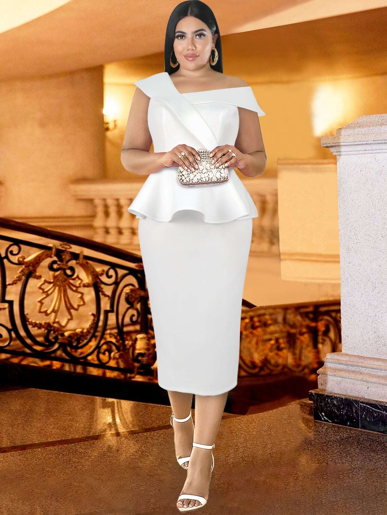ONTINVA Women Plus Size  Party Dress White Peplum Ruffle Bodycon Elegant Off Sh image 0