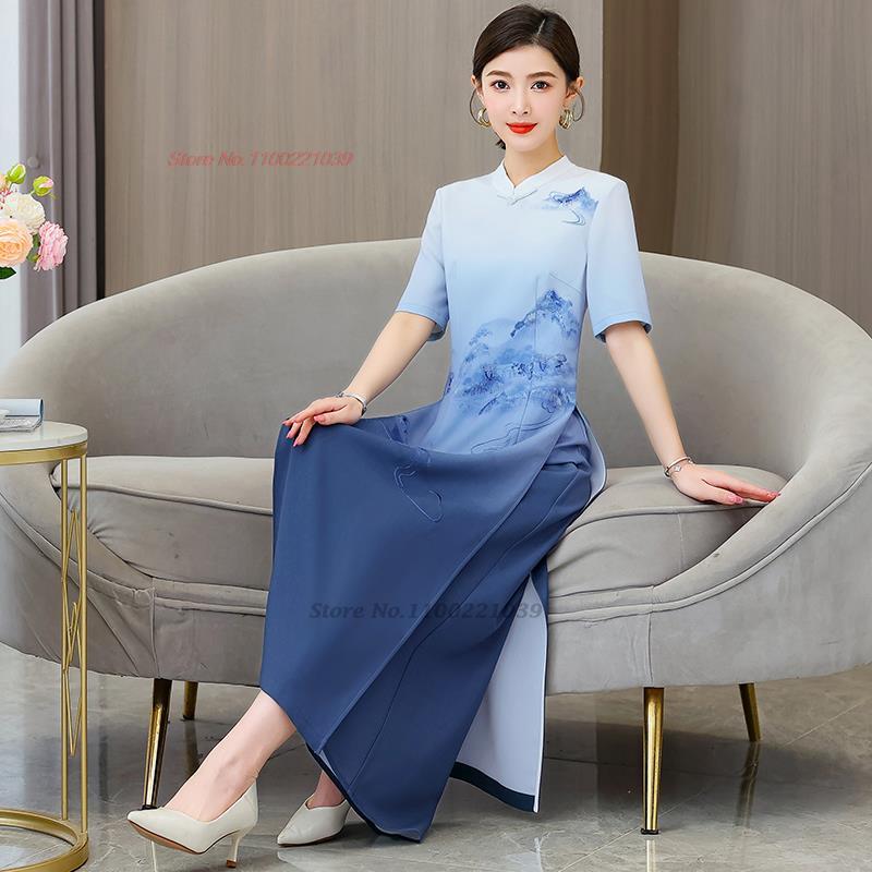 2024 vietnam aodai dress women national gradient color dress+pants set flower p image 2