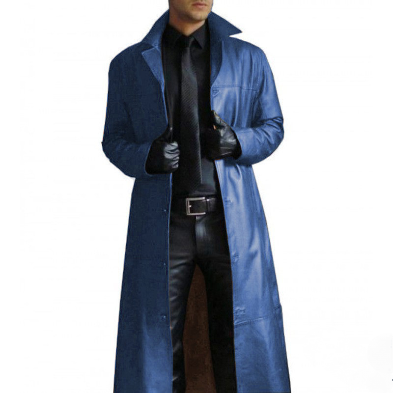 2025 Men Faux Leather Trench Fashion Long Sleeve Autumn Windbreaker Coat Slim L image 1