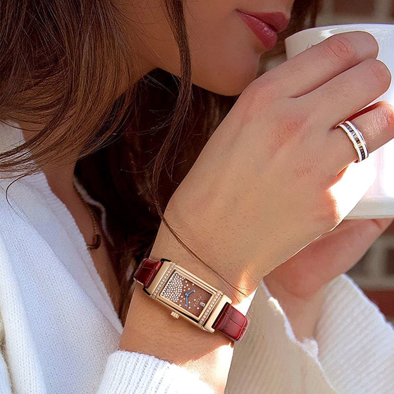 ROCOS Luxury Watch Women Diamond Rose Gold Quartz Wristwatches Leather image 4