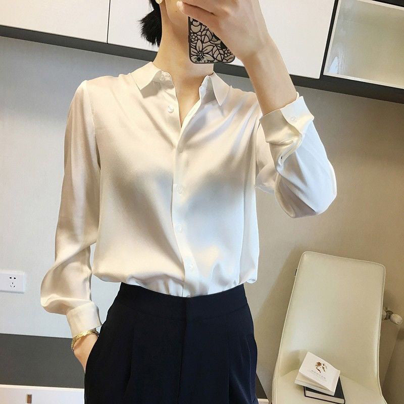 All-match Satin Finish Shirts And Blouses Women Clothing Casual Top OL Long Sle image 2