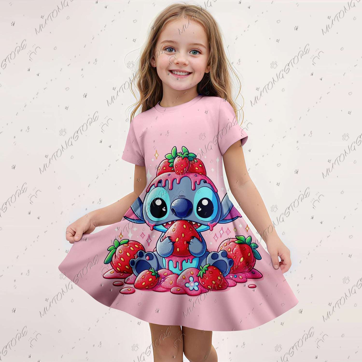 2024 Summer Girls Gift Short Sleeve Dress Original Cute Stitch 3d Print Kids Sk image 2