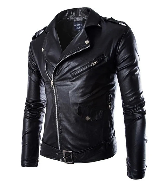 Mens Leather Jackets New White Black Casual Lapel Slim Fit Diagonal Zipper Moto image 1