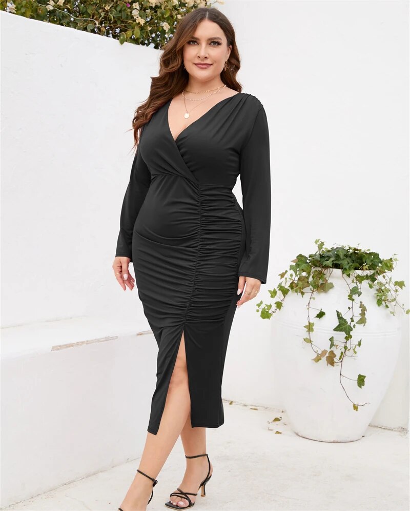 4XL 5XL Long Sleeve Solid Color V-neck Wrap Hip Skirt Slit Europe Cute Slimming image 5