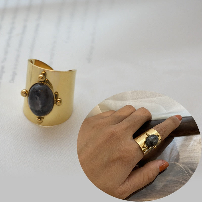 Creative Gold Plated Stainless Steel Rings for Women Simple Geometric Round Nat image 2