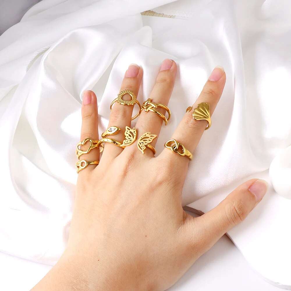 LUXUSTEEL Romantic Double Hollow Heart Rings for Women Stainless Steel Golden M image 16