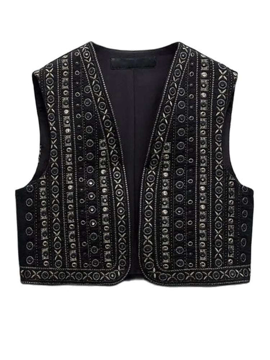 ZBZA Women's Beaded Embroidery Cardigan Vest Casual Peplum Sleeveless Waistcoat image 0
