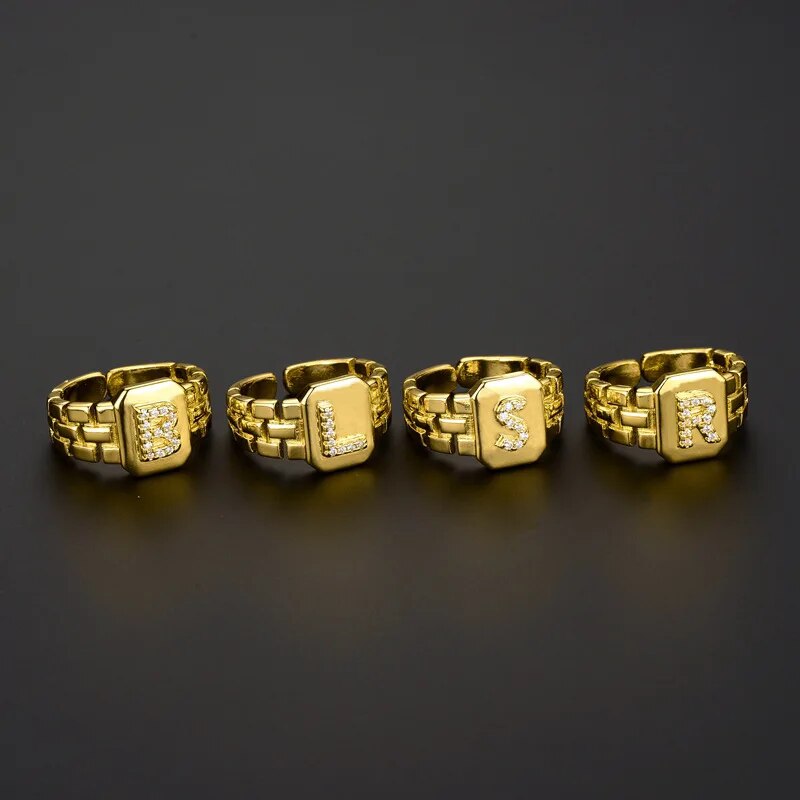 Trendy 18k Gold Plated AAA Zircon Hip Hop Adjustable  A-Z Letter Ring Watch Ban image 3