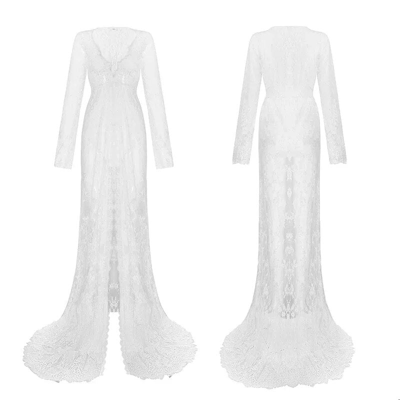 Women Front Split Long Maxi Maternity Lace Dress Pregnant Gown Photography Prop image 5