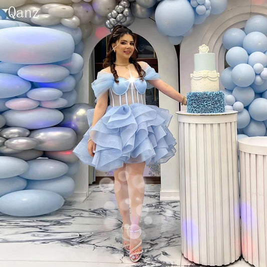 Qanz Short Sky Blue Homecoming Dresses Above Knee/Mini Shiny Tulle Vestidos De  image 0