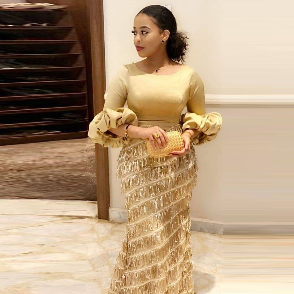 Women's Party Dresses Round Neck Lantern Long Sleeve Tassel Slim Gold Dress 202 image 1