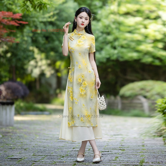 2024 vietnam traditional aodai dress chinese improved qipao national flower pri image 0