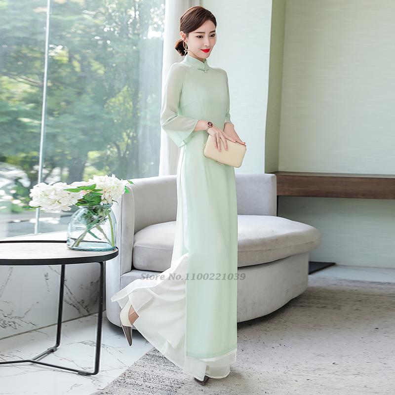 2024 vietnam aodai chinese traditional cheongsam dress+pants set national ao da image 2