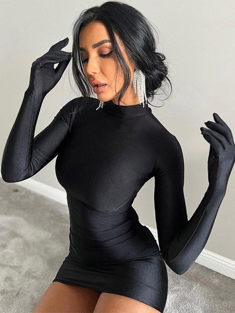 Solid Long Sleeve With Gloves Mini Dress Bodycon Sexy Streetwear Party Half Tur image 1