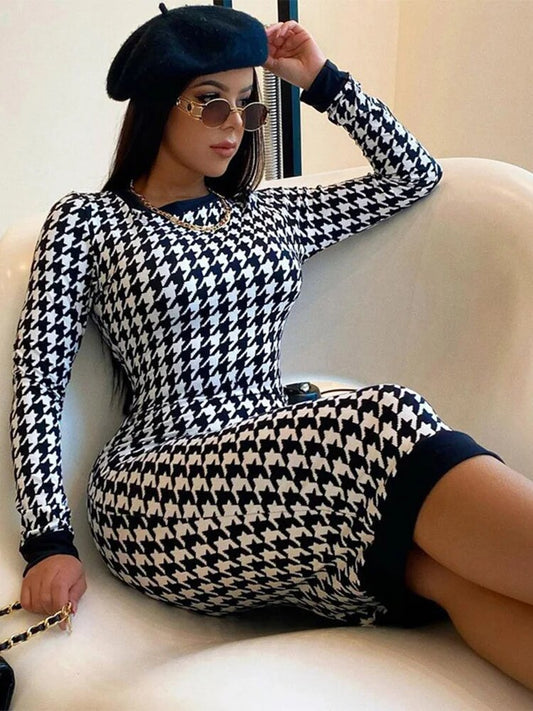 Houndstooth Print Women Long Sleeve Midi Dress Hollow Out Bodycon Cute Streetwe image 0