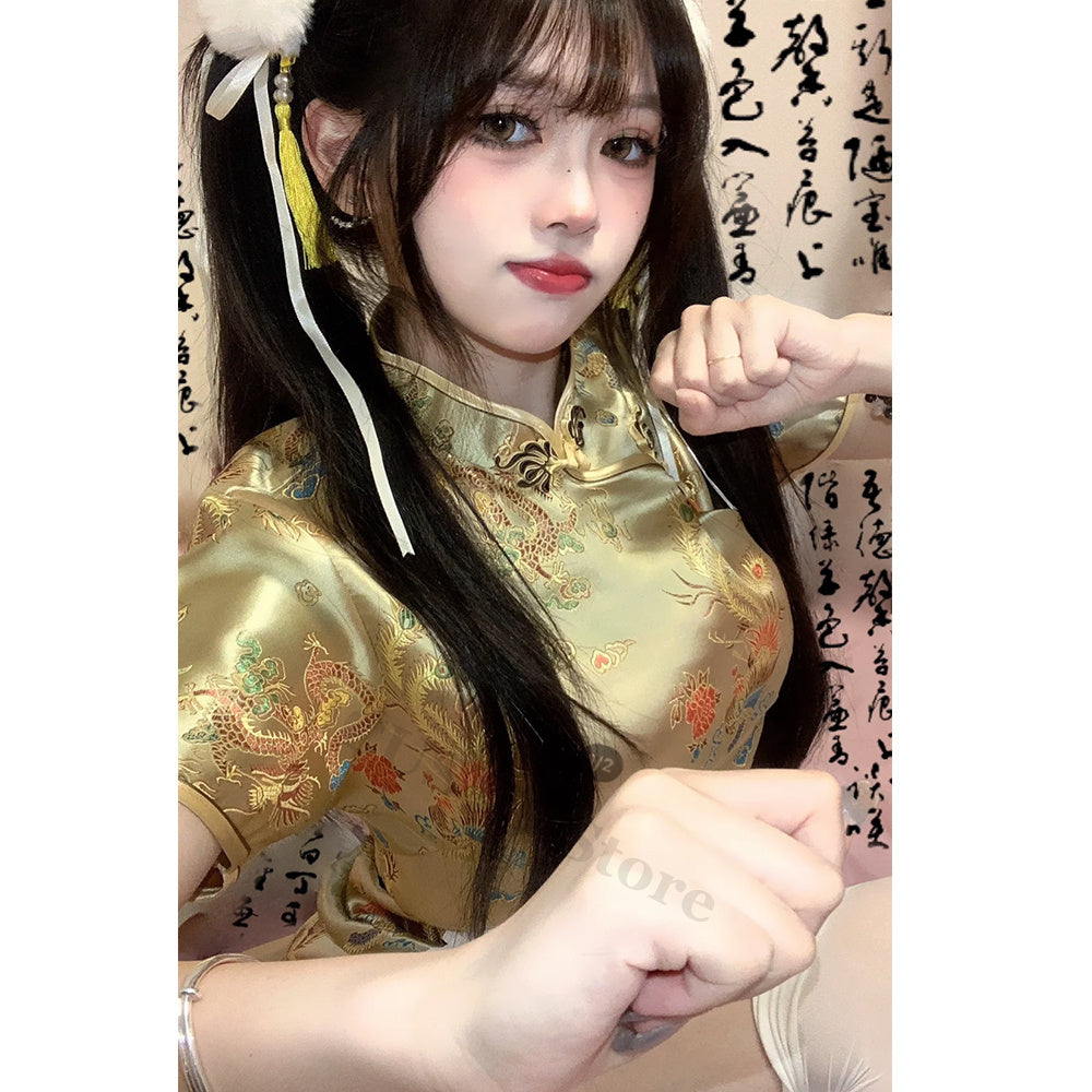 Short Cheongsams Sexy Girl Qiapo Improved Chinese Style Dress Gold Dragon Phoen image 7