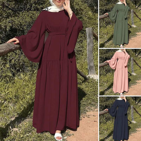 2023 Muslim Fashion Leisure Flared Sleeves with Belt Long Dresses Muslim Dress image 0