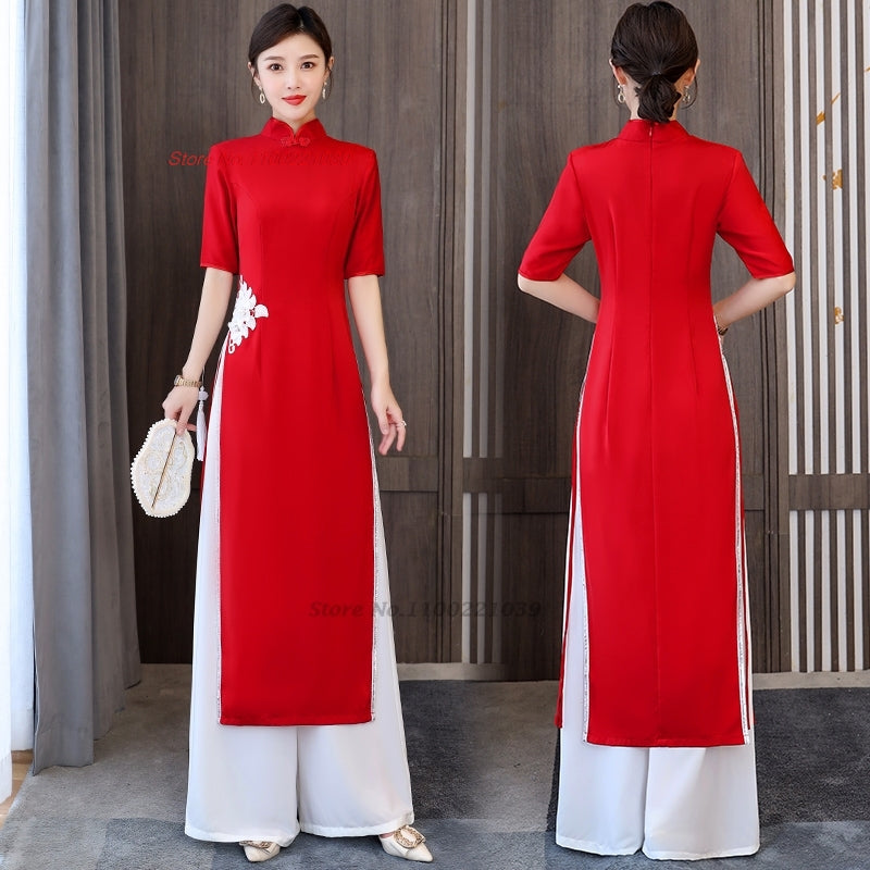 2024 vietnam aodai dress cheongsam national flower embroidery dress+pants set i image 3