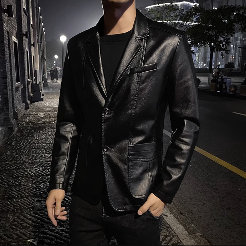 2024 New Men Business Casual Leather Jacket Black / khaki Fashion Male Suit Col image 6