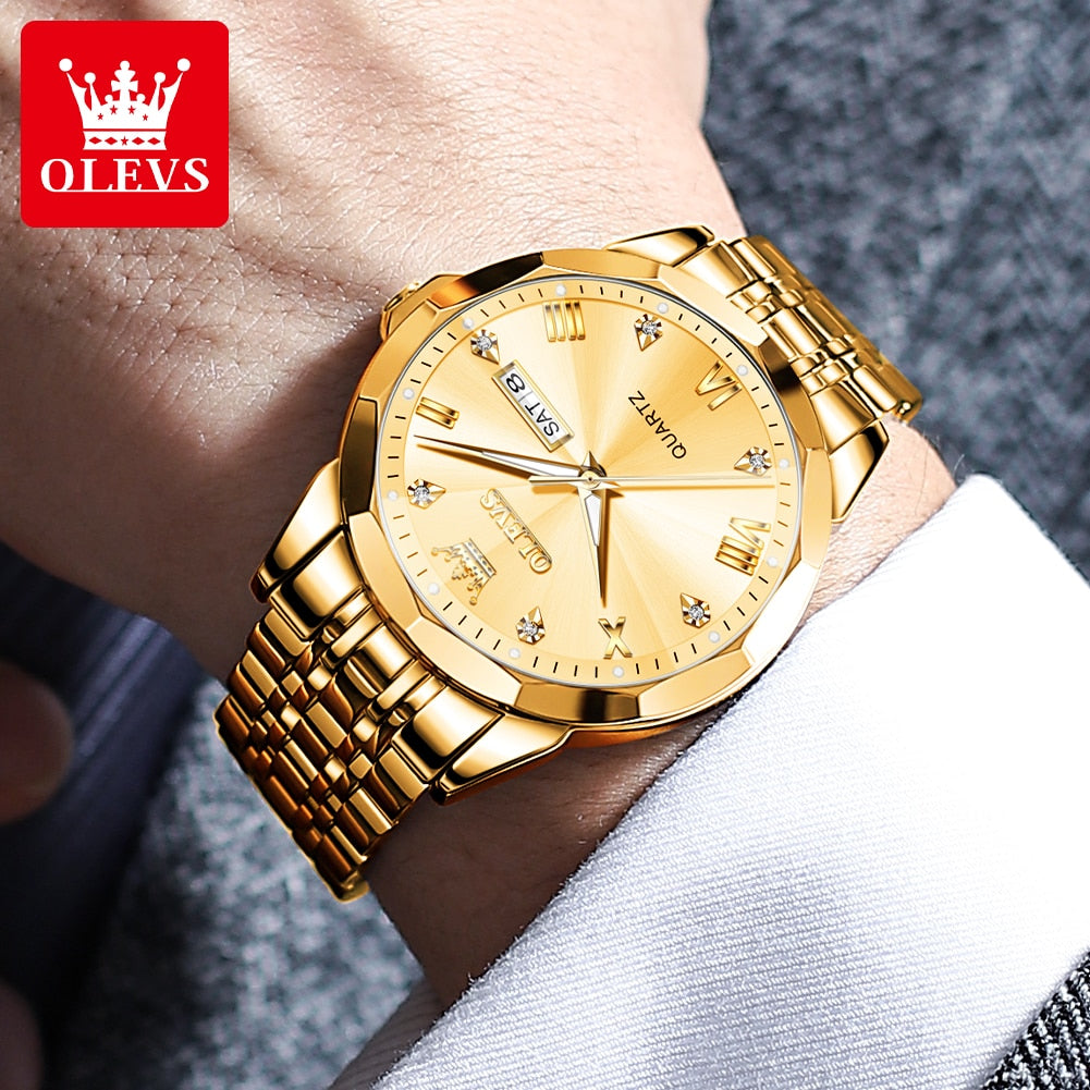 OLEVS Men‘s Watches Gold Original Quartz Wristwatch Waterproof Luminous image 6