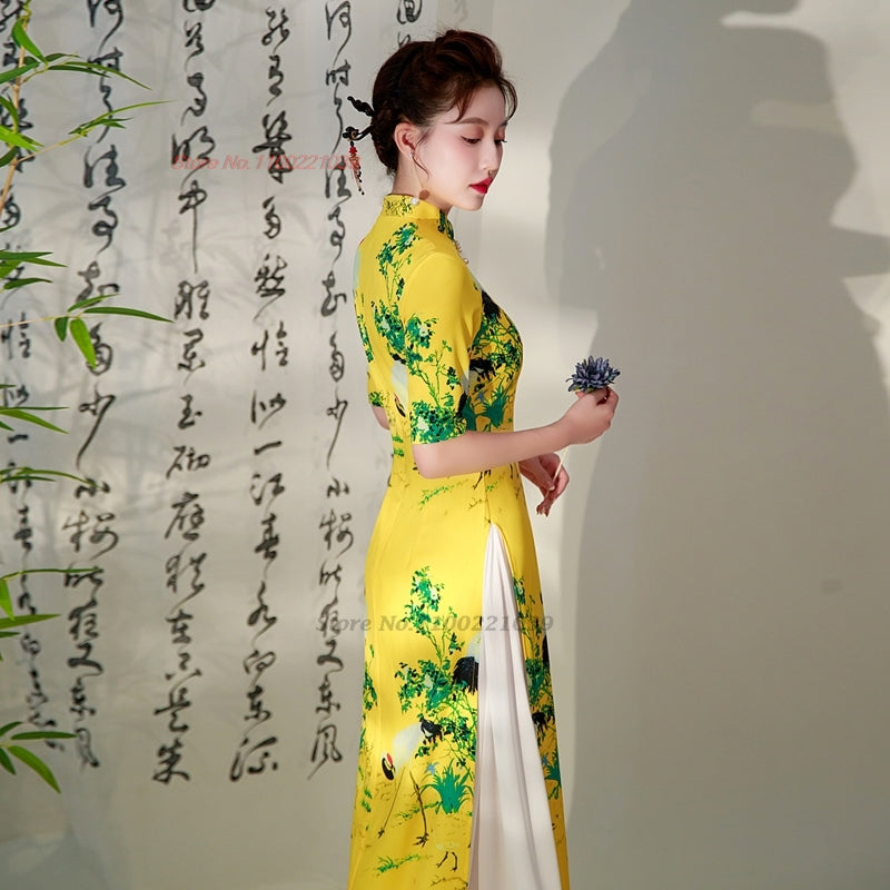 2024 vietnam aodai dress traditional chinese improved qipao national crane prin image 5