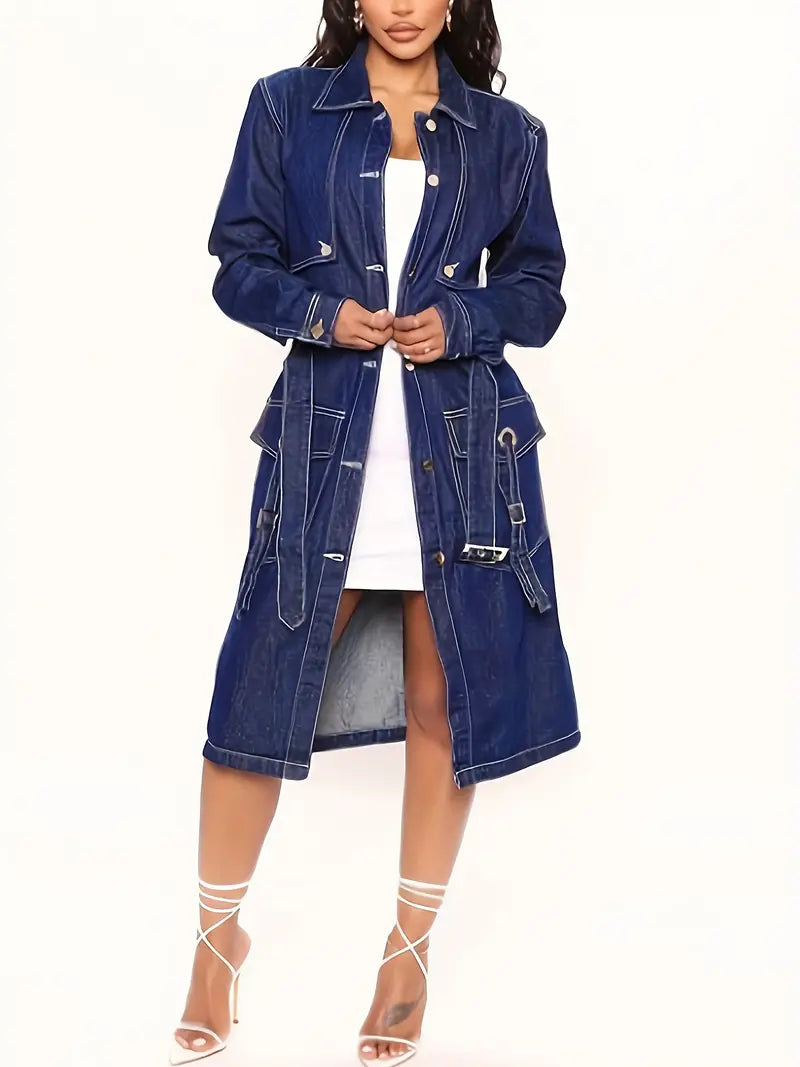 Women's Blue Denim Trench Coat - Elegant Long Jean Jacket with Belt, Flap Pocke image 2