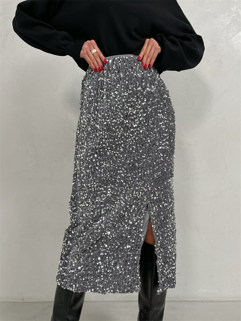 Silver Black Sequin Skirt Women Elegant Vintage Punk Evening Dress Slit Cute Su image 3